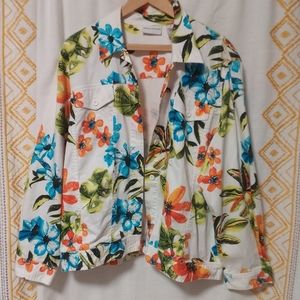 Alfred Dunner Women's White Stretch Denim-Style Floral Jacket Blazer,size 18